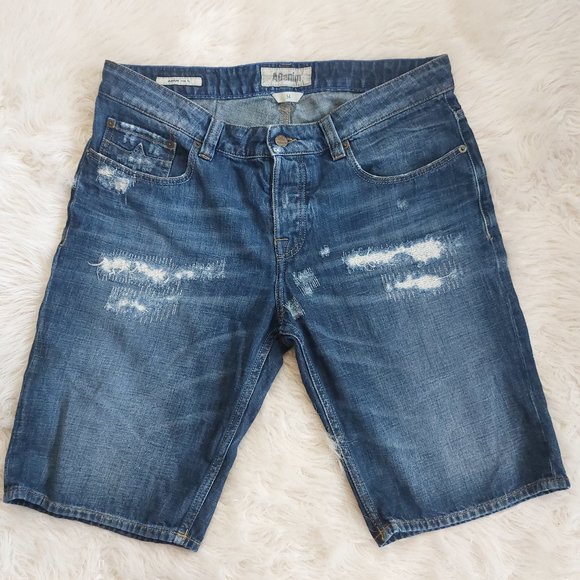 Adenim Men's Blue Adam Slim Fit Fly Buttons Distress Shorts - Picture 3 of 10